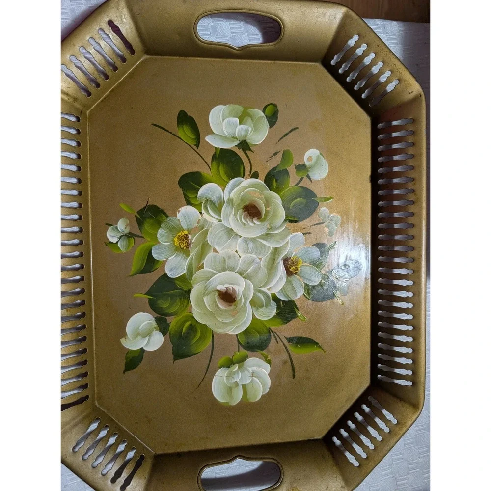 Vintage Toleware Tole Hand Painted Floral Metal Tray Gold w/ White Flowers